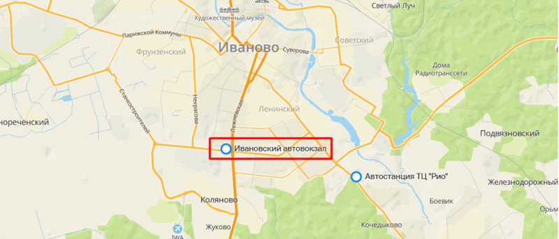 Расположение автовокзала на карте города Иваново